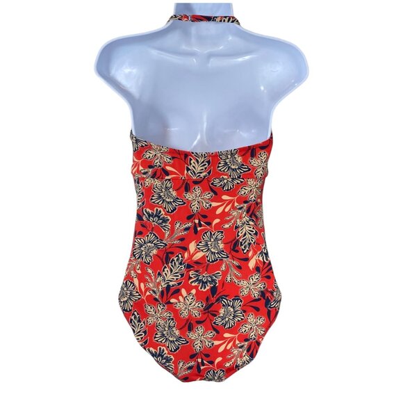 Garnet Hill Ruched Bandeau One Piece Swimsuit | 10 | Red Floral | UPF50 - Picture 2 of 9